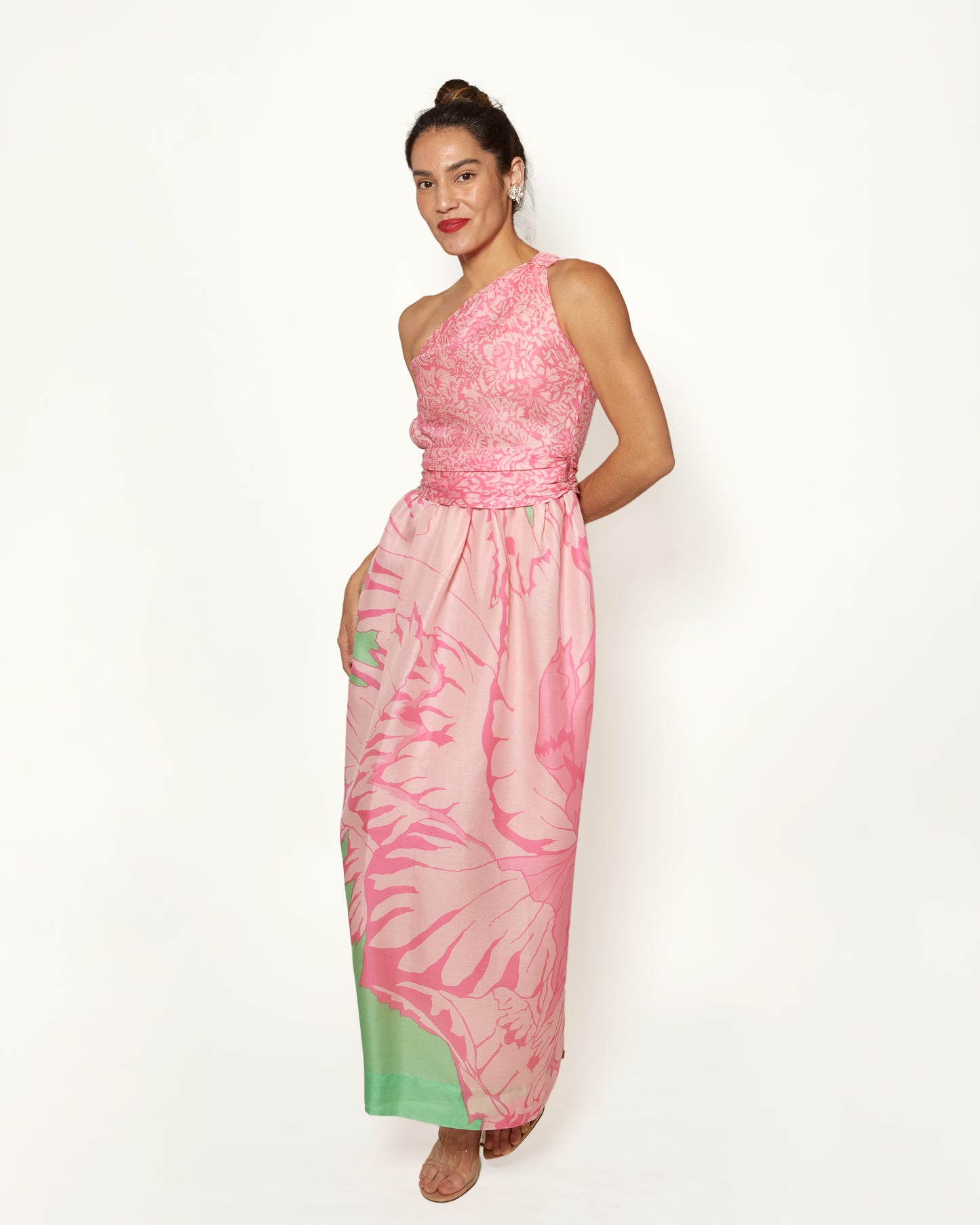 Vintage Bill Blass One Shoulder Pastel Pink and Green Floral Gown