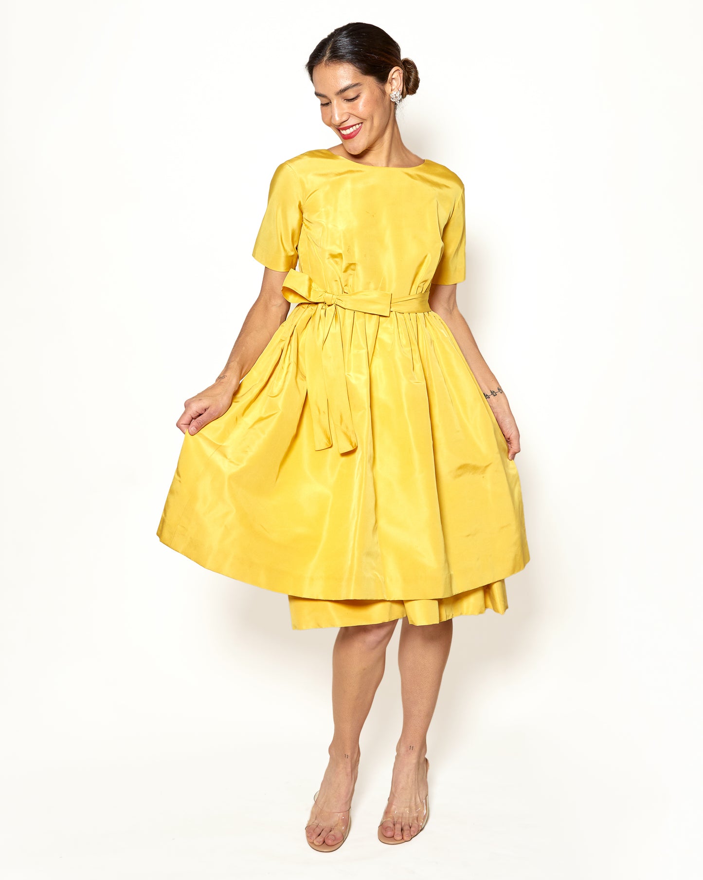 Vintage Henri Bendel Yellow 1950's Silk Cocktail Dress front view