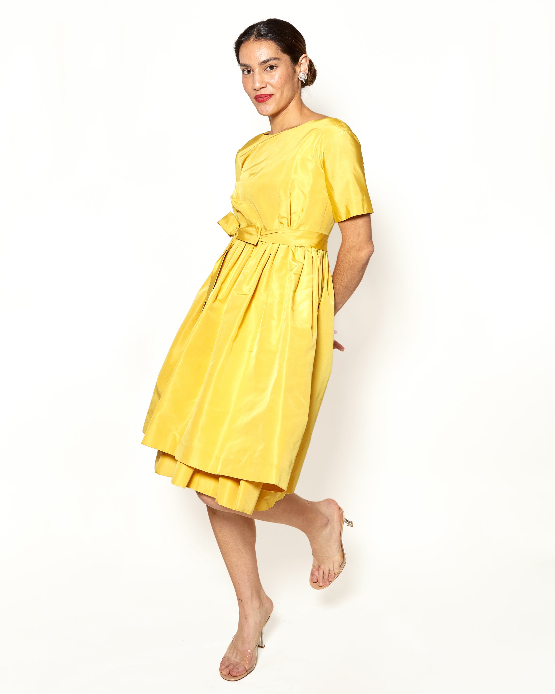 Vintage Henri Bendel Yellow 1950's Silk Cocktail Dress 3/4 front view