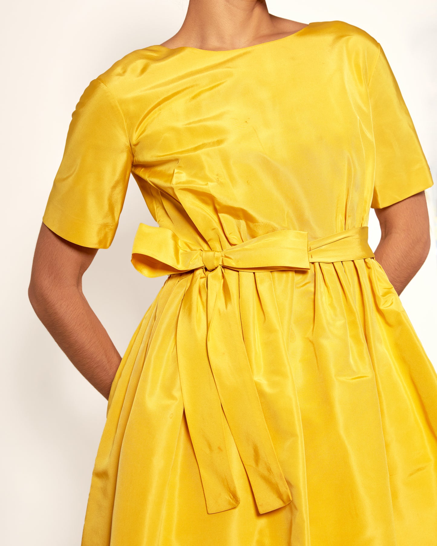 Vintage Henri Bendel Yellow 1950's Silk Cocktail Dress bow up close view