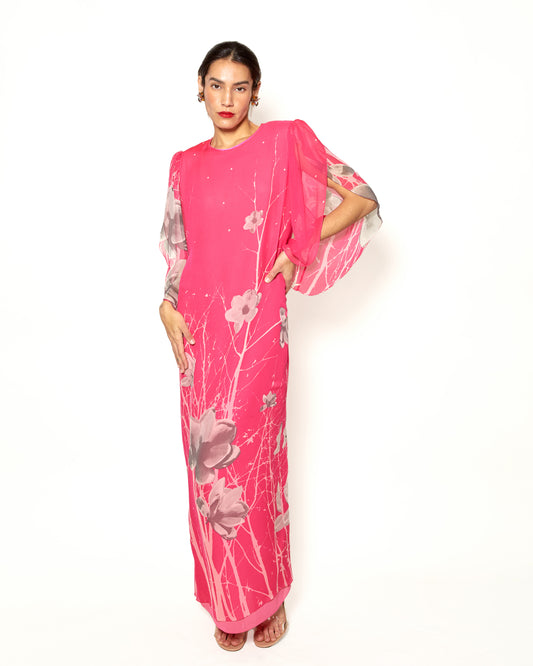 Vintage Hanae Mori Silk Chiffon Floral Print Petal Sleeve Dress