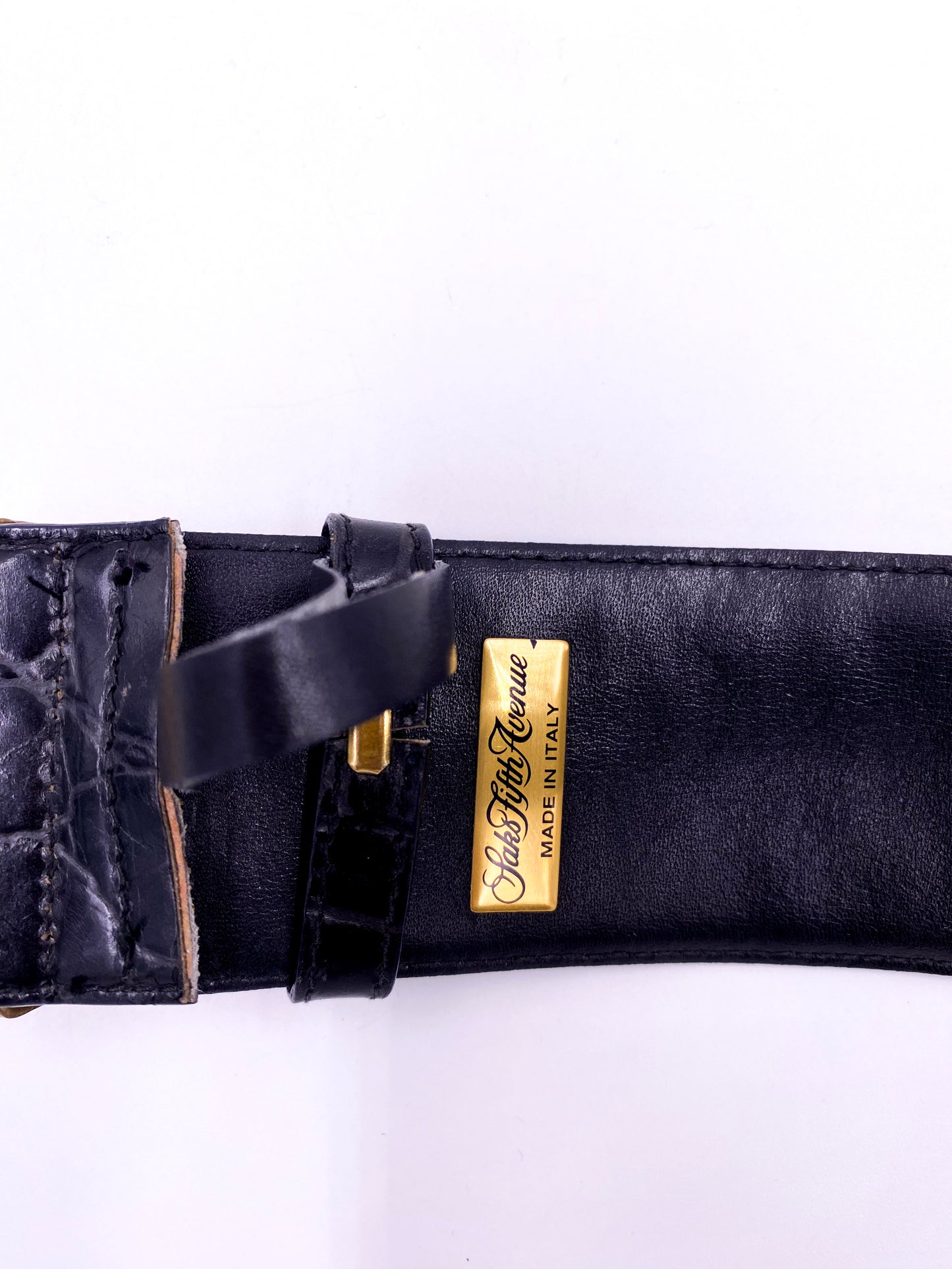Saks Fifth Ave Black Leather Large Gold Buckle Belt