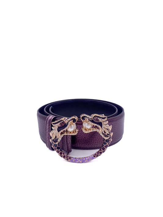 Gucci Tom Ford 2004 Purple Metallic Belt with Enamel Rhinestone and Pearl Dragon Buckle