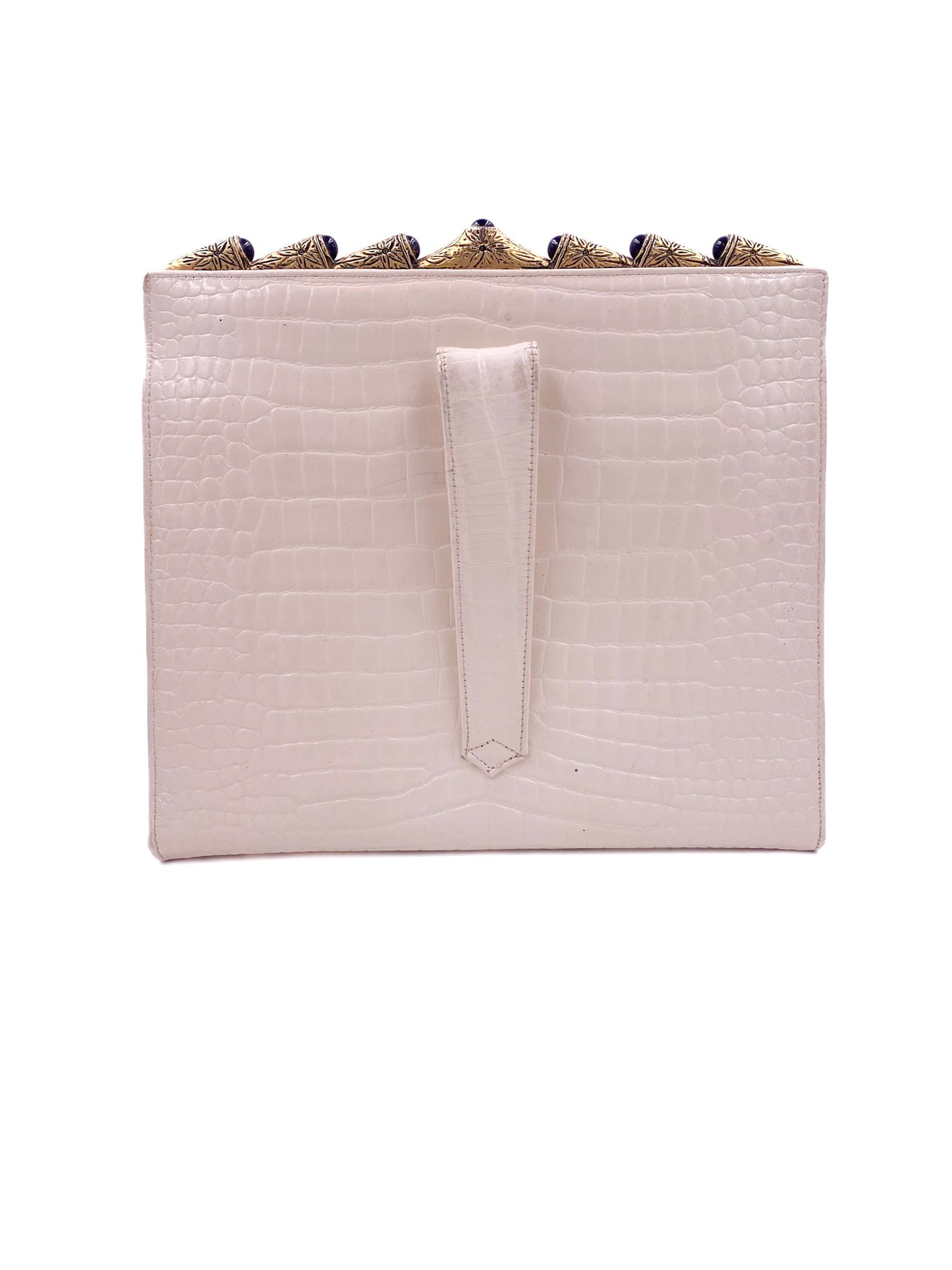 Vintage Susan Gail White Faux Clutch Crocodile Texture With Gold Trim Handle
