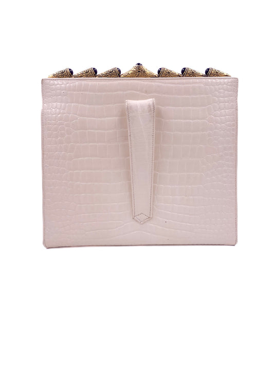 Vintage Susan Gail White Faux Clutch Crocodile Texture With Gold Trim Handle