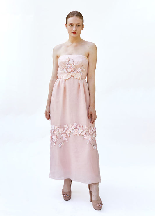 Helena Barbieri 1964 Pale Pink Bow Front Floral Ornamented Strapless Gown