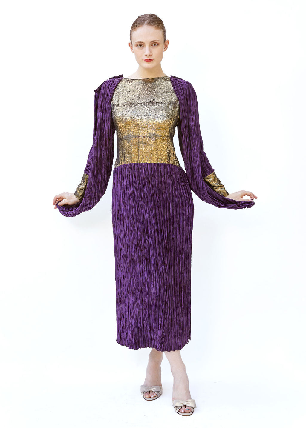 Vintage Mary McFadden Purple & Gold Pleated Gown