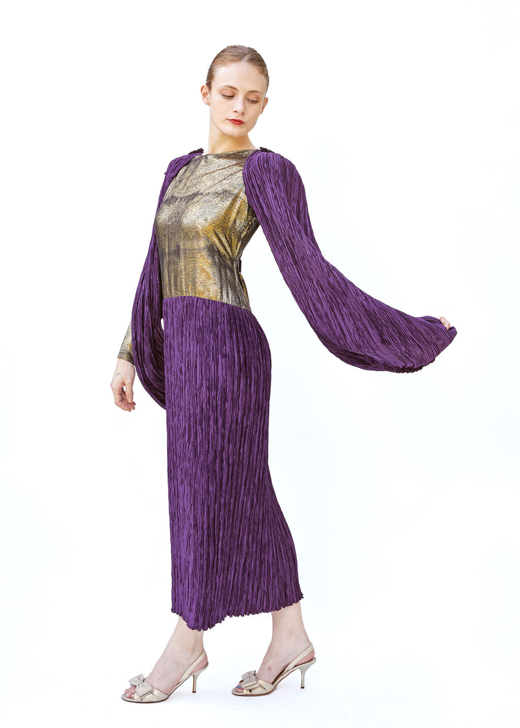 Vintage Mary McFadden Purple & Gold Pleated Gown