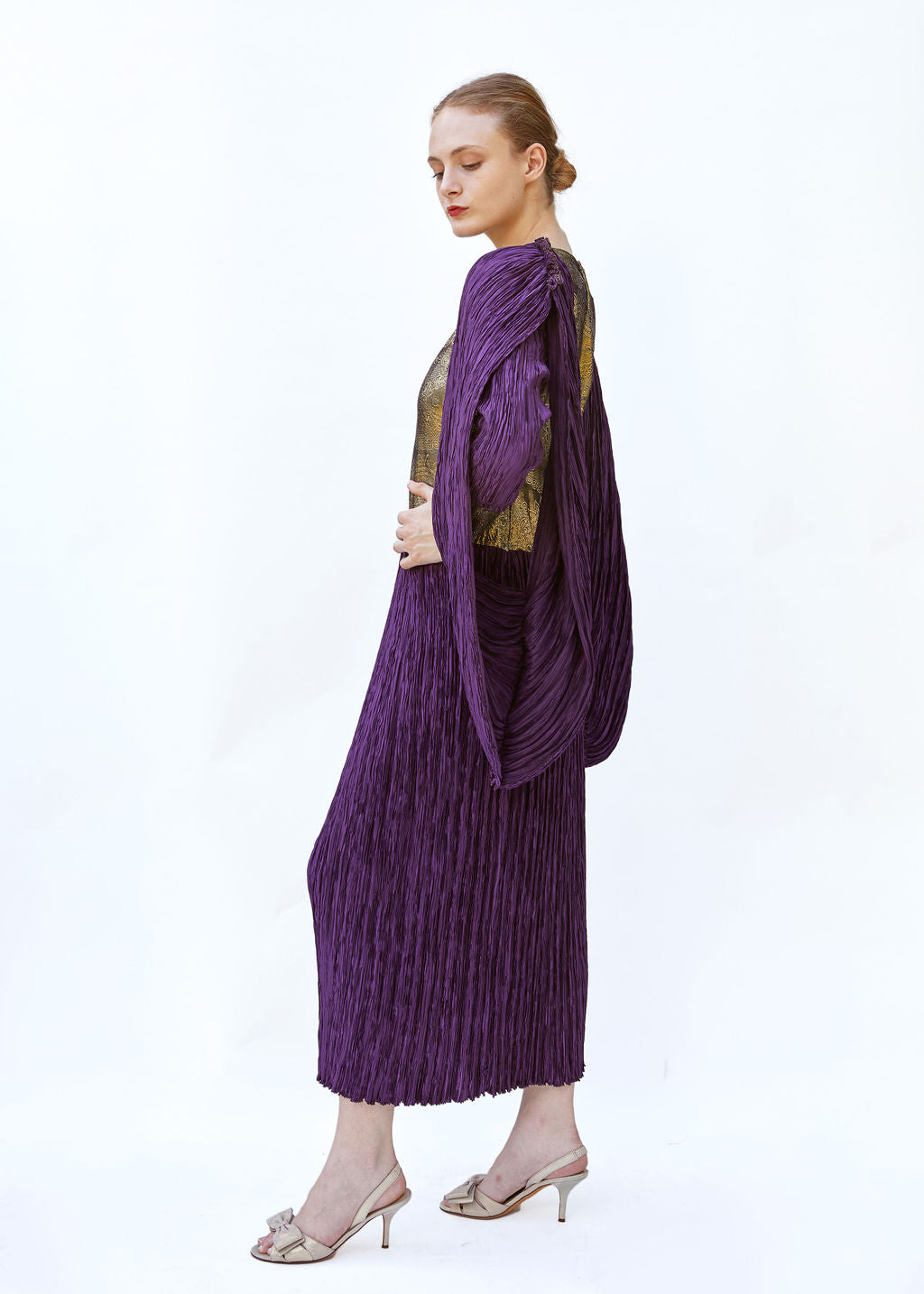 Vintage Mary McFadden Purple & Gold Pleated Gown