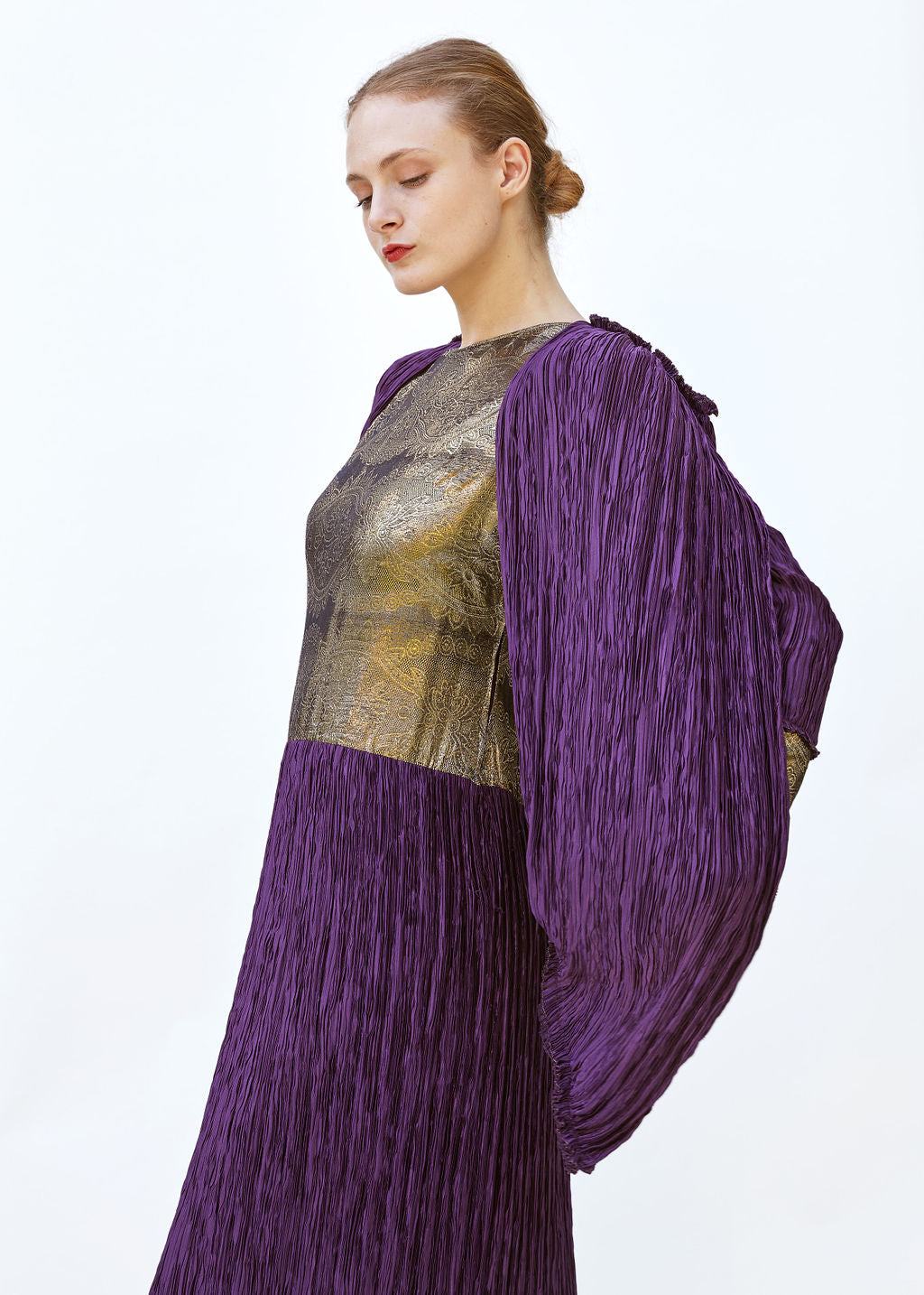 Vintage Mary McFadden Purple & Gold Pleated Gown