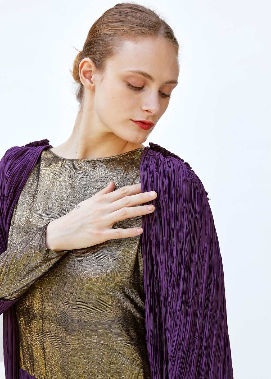 Vintage Mary McFadden Purple & Gold Pleated Gown