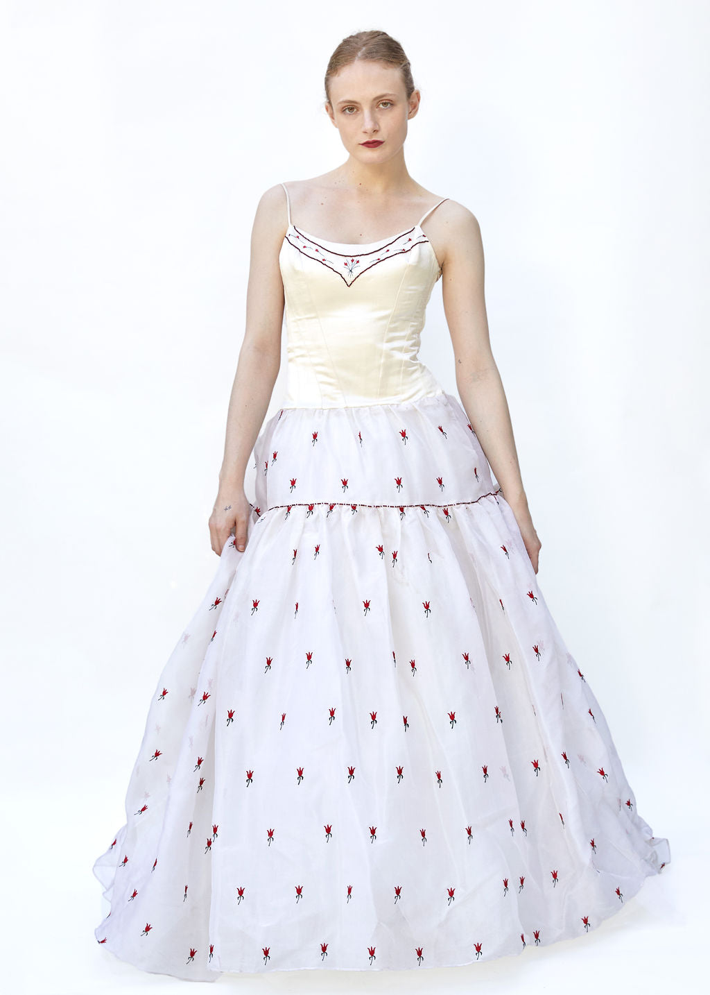 White Silk Gown W/ Embroidered Roses & Beadwork