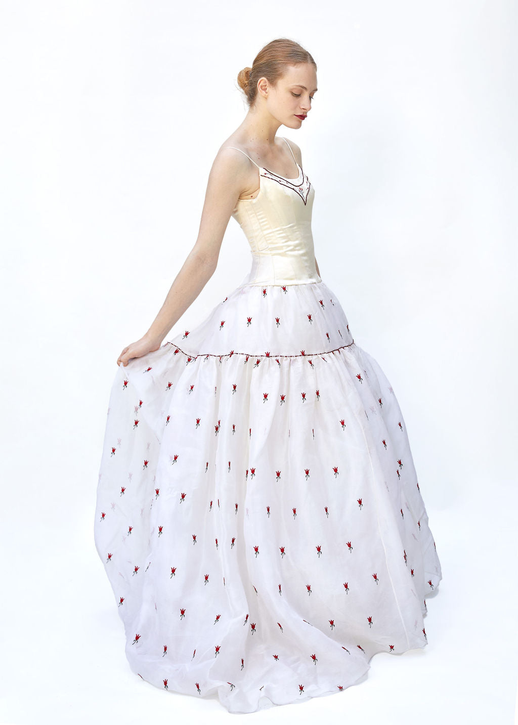 White Silk Gown W/ Embroidered Roses & Beadwork