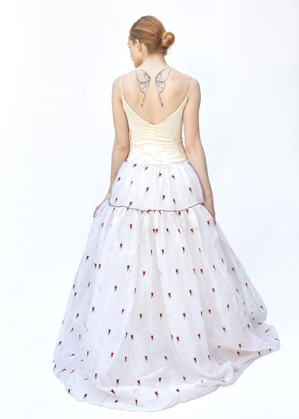 White Silk Gown W/ Embroidered Roses & Beadwork