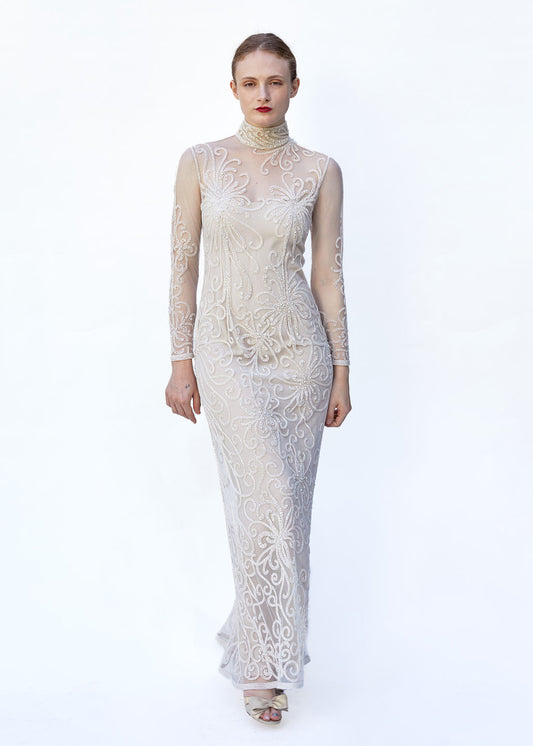 Bob Mackie White Beaded Mesh Gown