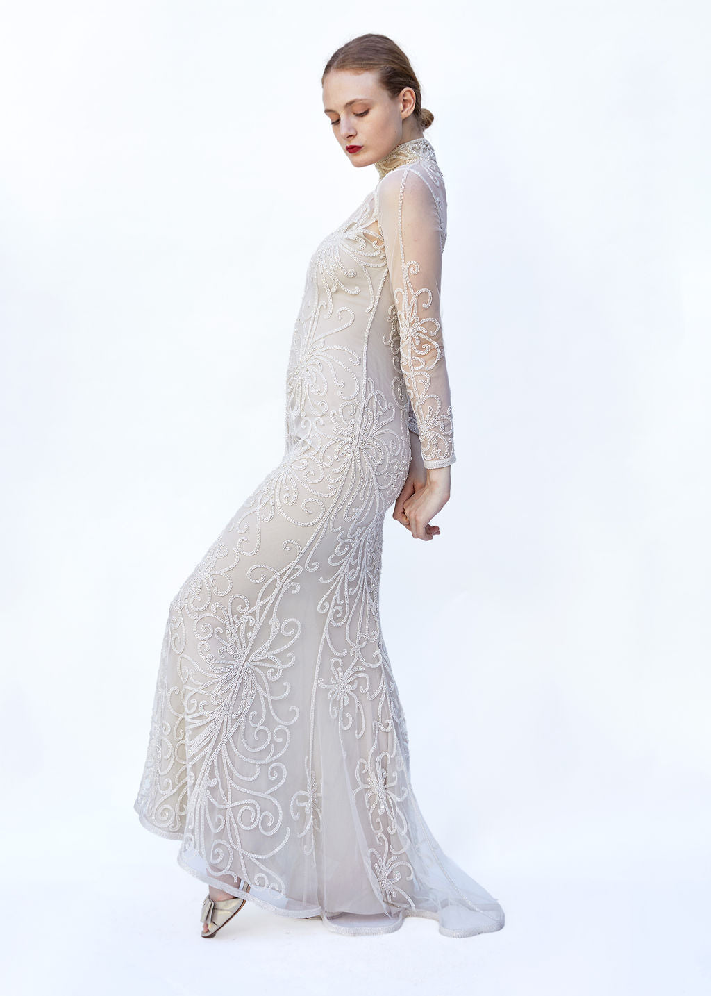 Bob Mackie White Beaded Mesh Gown