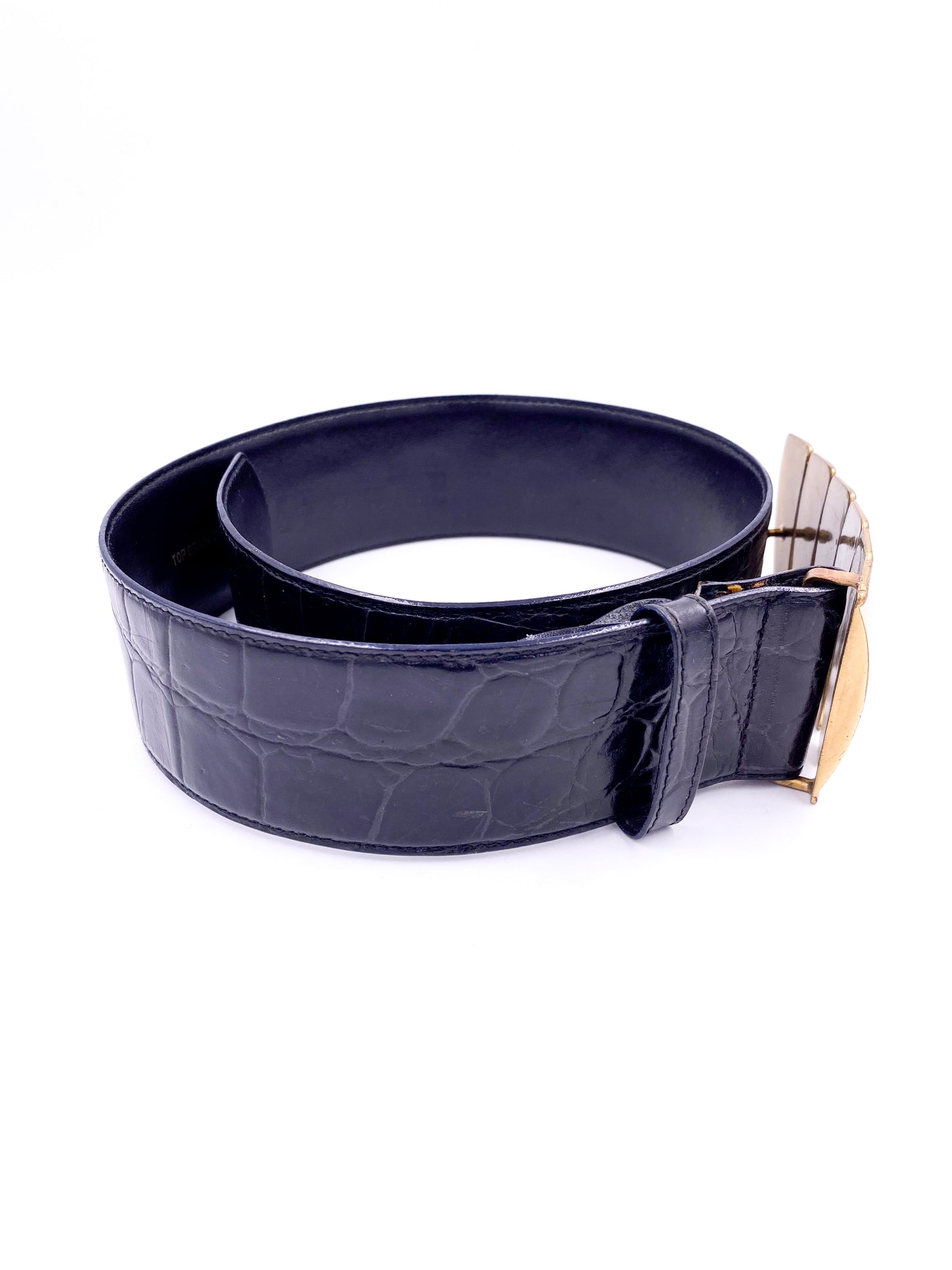 Saks Fifth Ave Black Leather Large Gold Buckle Belt