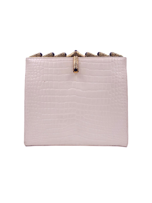 Susan Grail beige crocodile bag with gold engraved clasp and black stones