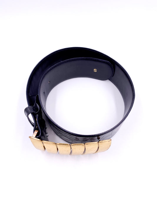 Saks Fifth Ave Black Leather Large Gold Buckle Belt