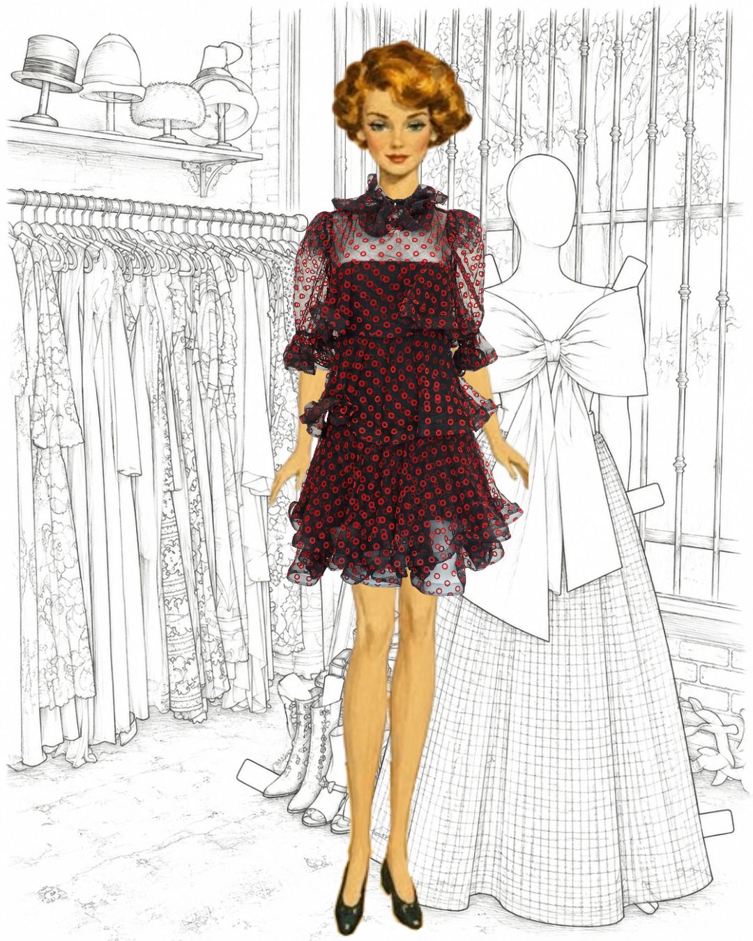 Arnold Scaasi Red/Black Tiered Dress