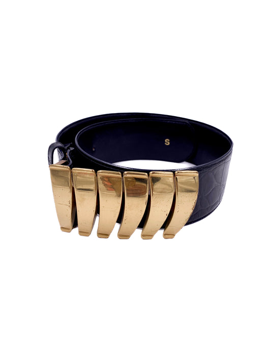 Saks Fifth Ave Black Leather Large Gold Buckle Belt