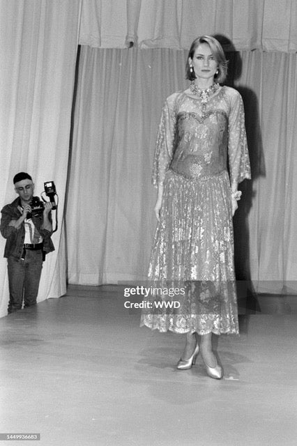 Documented Fall 1983 Vintage Geoffrey Beene Pink/Gray Lace Corset Illusion Dress - The Kit Vintage