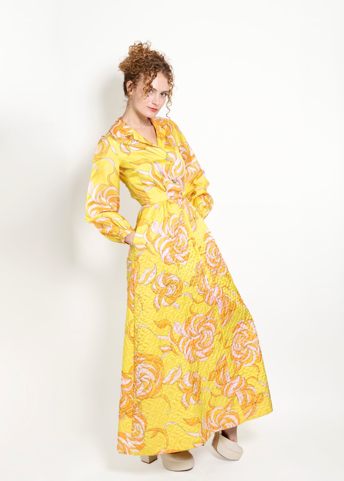 Saks Fifth Ave Yellow Print & Quilted Dress