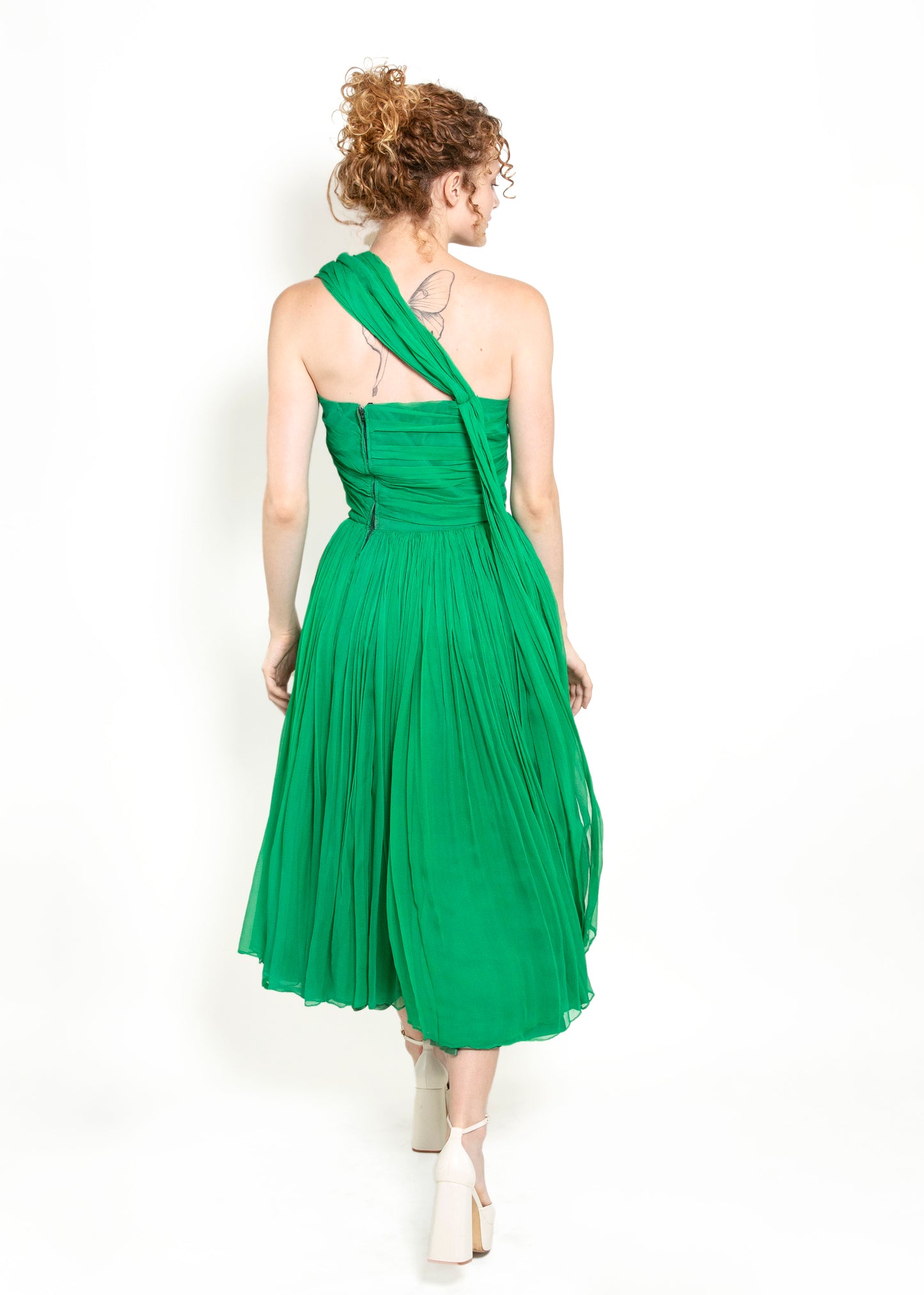 1950's Vintage Kelly Green Silk Chiffon Cocktail Dress