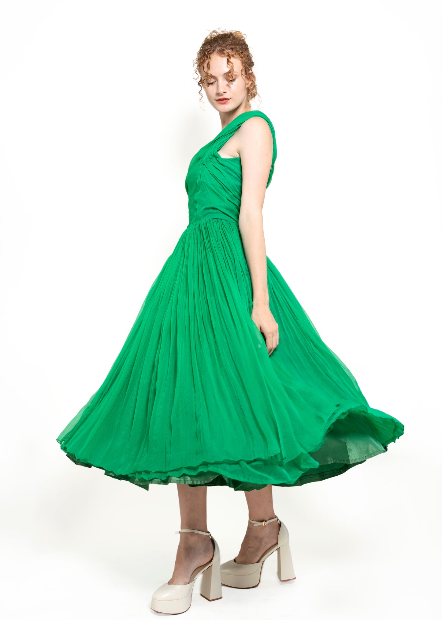 1950's Vintage Kelly Green Silk Chiffon Cocktail Dress