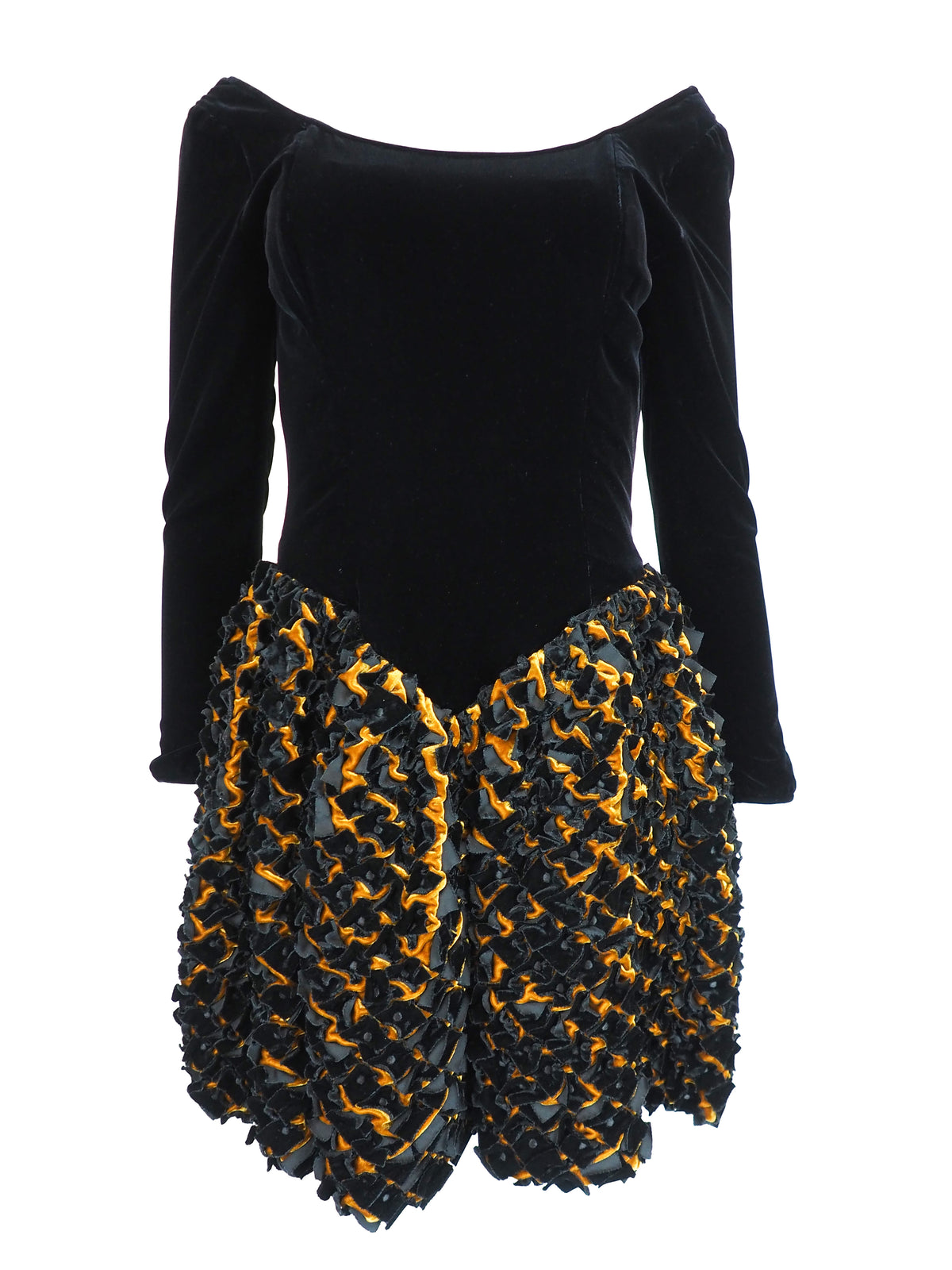1980's vintage black velvet mini dress with gold tufted texture
