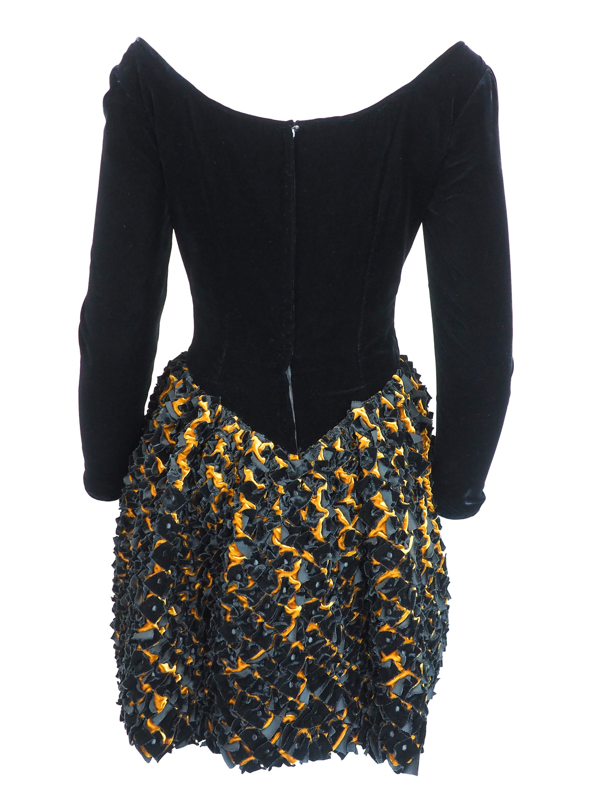 1980's vintage black velvet mini dress with gold tufted texture