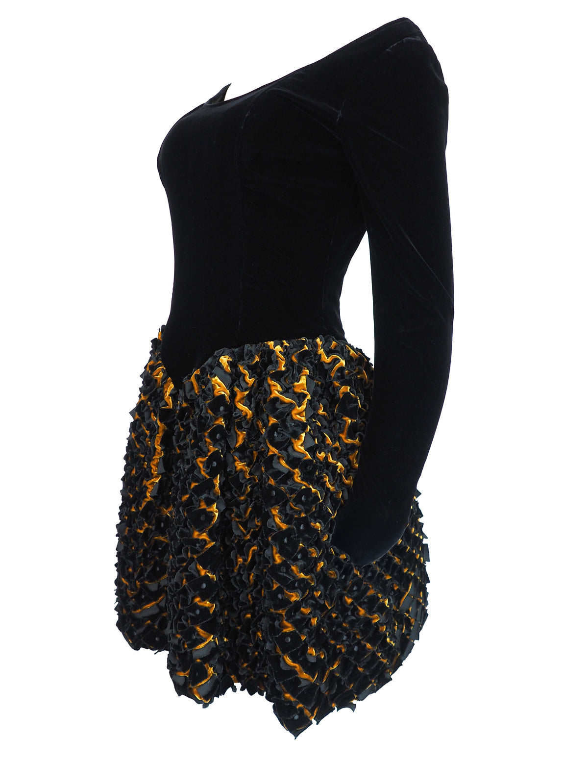 1980's vintage black velvet mini dress with gold tufted texture