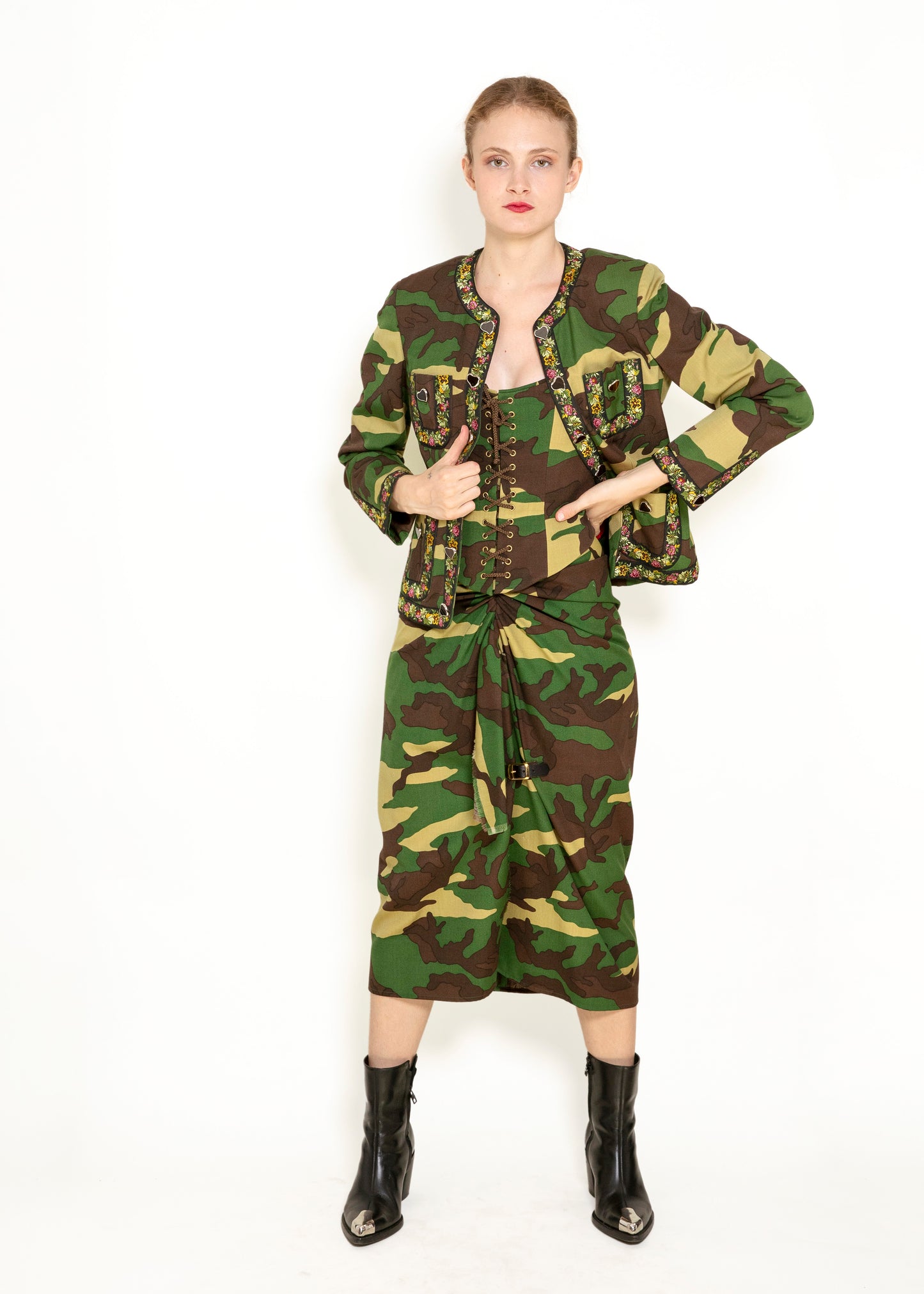 Moschino Couture Camouflage 3 Pc Skirt, Jacket, & Corset Set