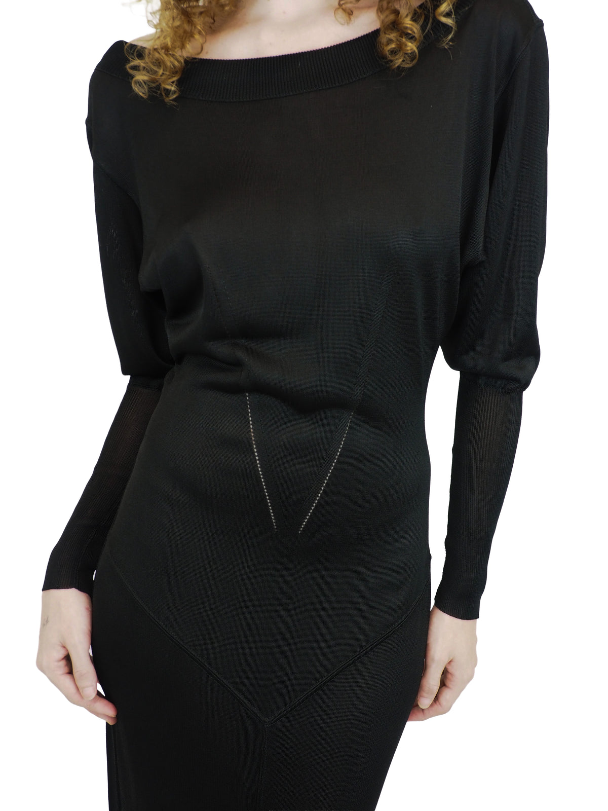 A vintage 1990s alaia black long-sleeve bodycon knit dress with a boat neckline open back detail