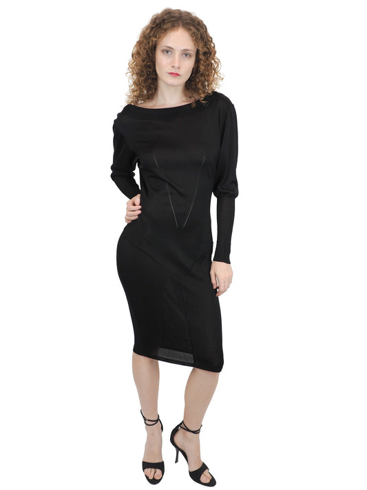 A vintage 1990s alaia black long-sleeve bodycon knit dress with a boat neckline open back detail