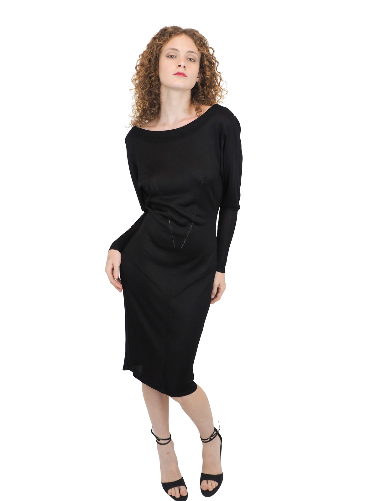 A vintage 1990s alaia black long-sleeve bodycon knit dress with a boat neckline open back detail