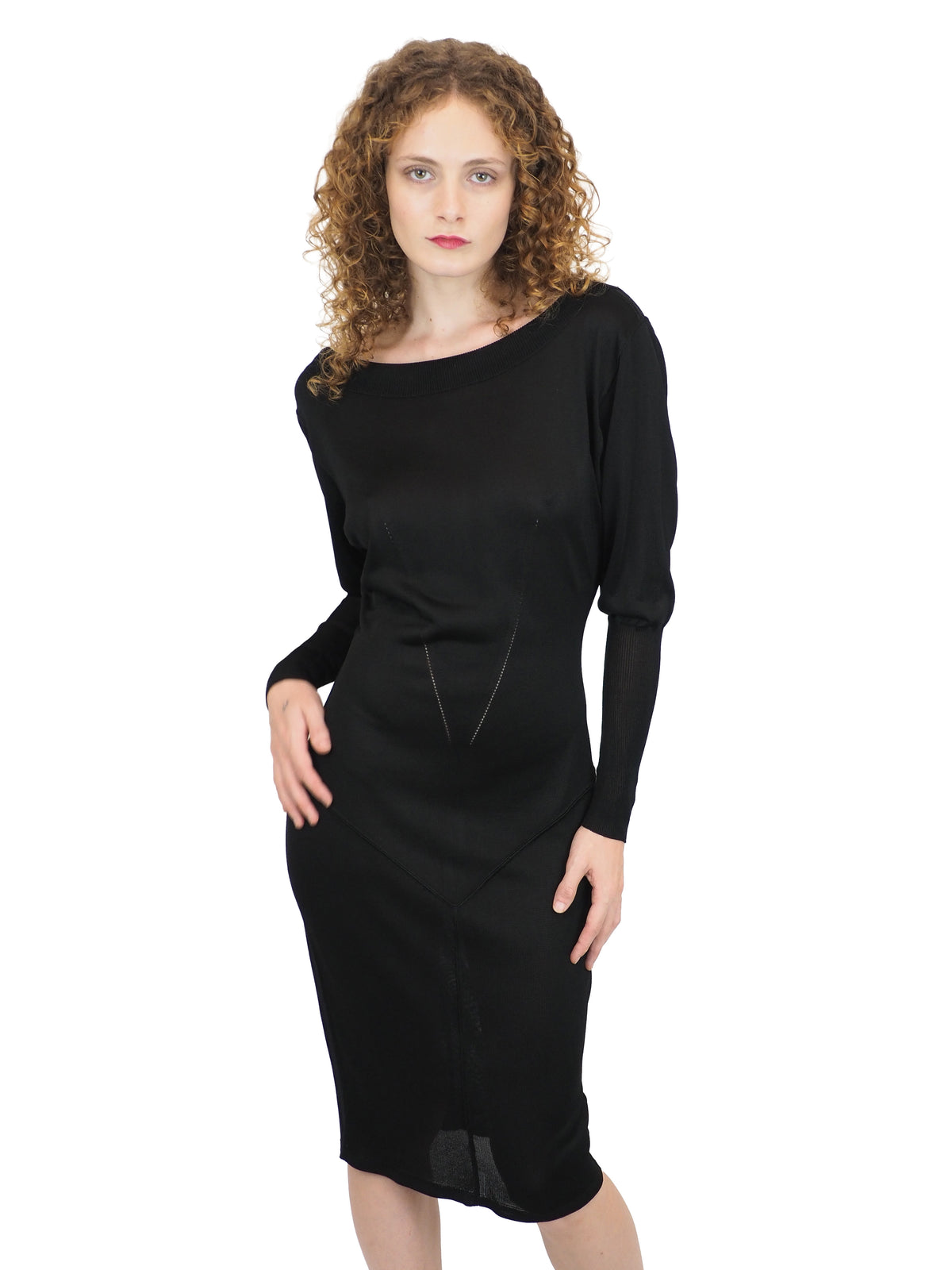 A vintage 1990s alaia black long-sleeve bodycon knit dress with a boat neckline open back detail