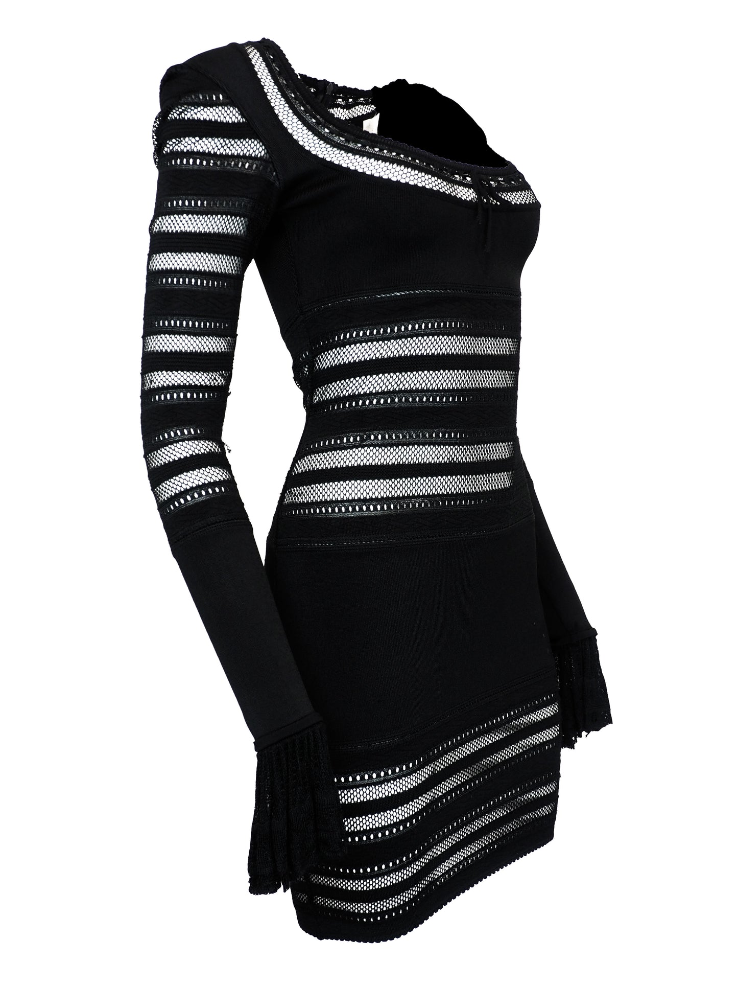 A vintage alaia 1993 black long-sleeve knit mini dress with horizontal openwork stripe patterns across the bodice, sleeves, and hem, featuring a scoop neckline with a front tie detail.