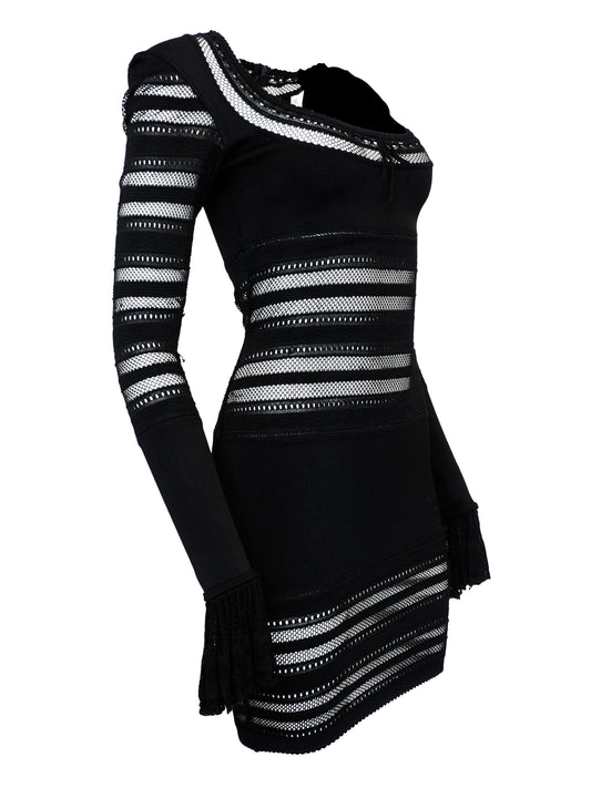 A vintage alaia 1993 black long-sleeve knit mini dress with horizontal openwork stripe patterns across the bodice, sleeves, and hem, featuring a scoop neckline with a front tie detail.
