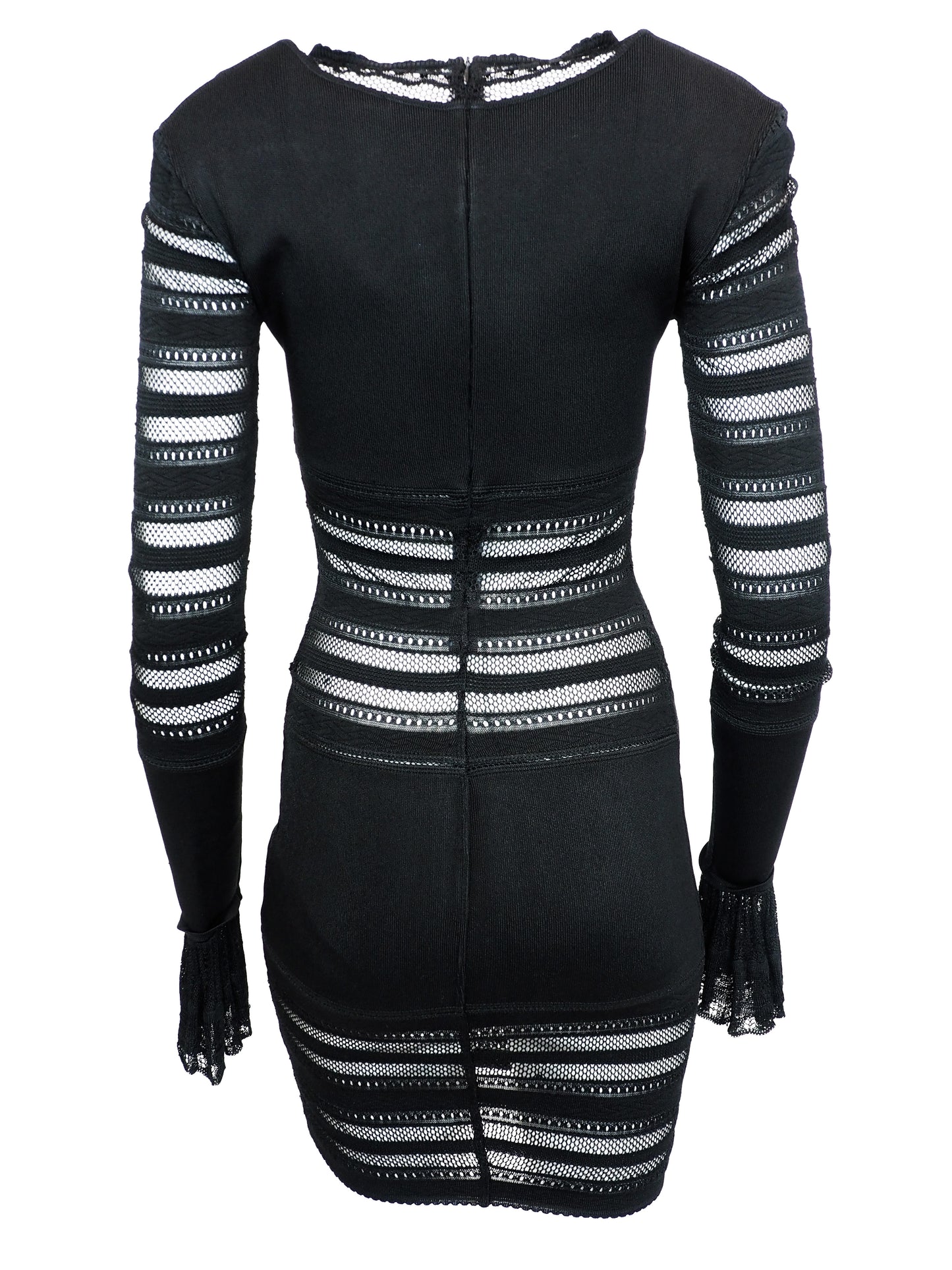 A vintage alaia 1993 black long-sleeve knit mini dress with horizontal openwork stripe patterns across the bodice, sleeves, and hem, featuring a scoop neckline with a front tie detail.