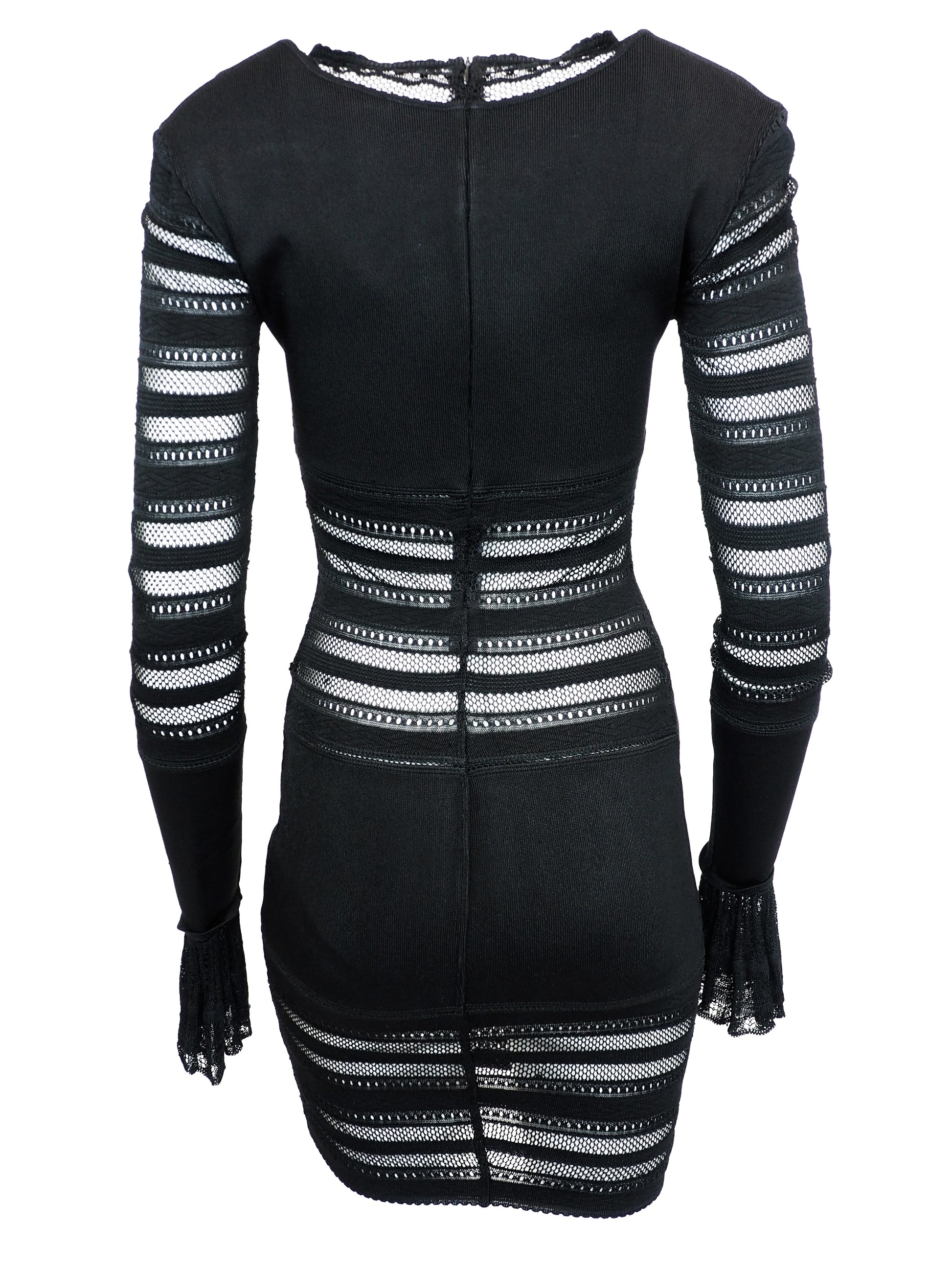A vintage alaia 1993 black long-sleeve knit mini dress with horizontal openwork stripe patterns across the bodice, sleeves, and hem, featuring a scoop neckline with a front tie detail.