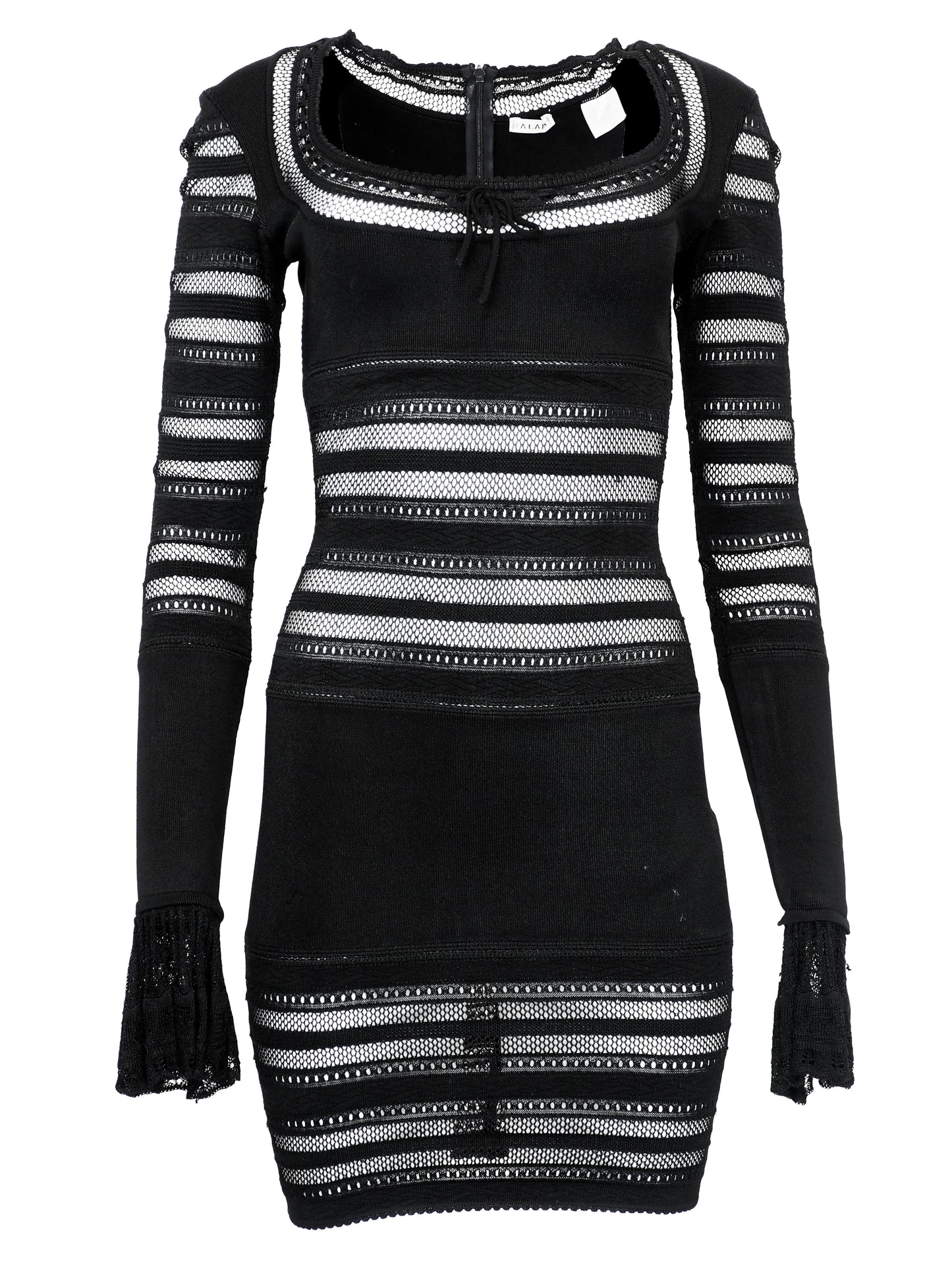 A vintage alaia 1993 black long-sleeve knit mini dress with horizontal openwork stripe patterns across the bodice, sleeves, and hem, featuring a scoop neckline with a front tie detail.
