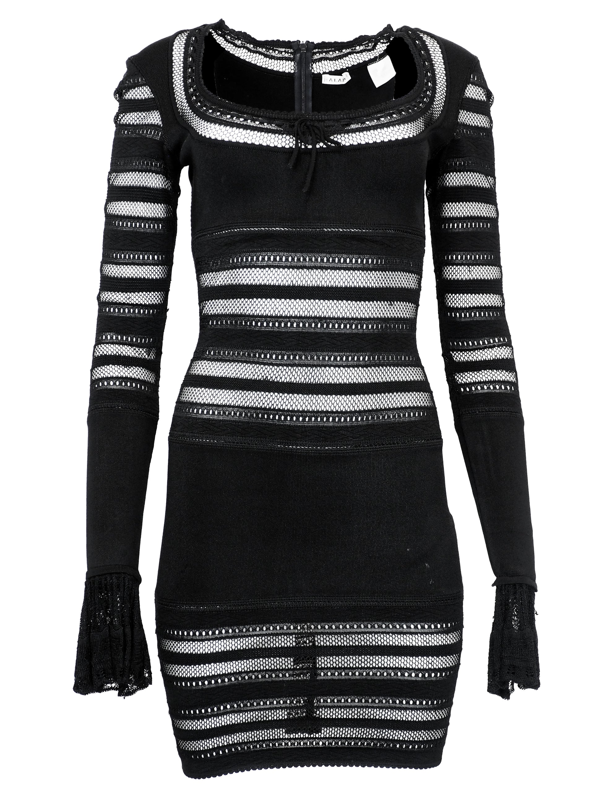 A vintage alaia 1993 black long-sleeve knit mini dress with horizontal openwork stripe patterns across the bodice, sleeves, and hem, featuring a scoop neckline with a front tie detail.