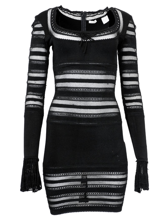 A vintage alaia 1993 black long-sleeve knit mini dress with horizontal openwork stripe patterns across the bodice, sleeves, and hem, featuring a scoop neckline with a front tie detail.