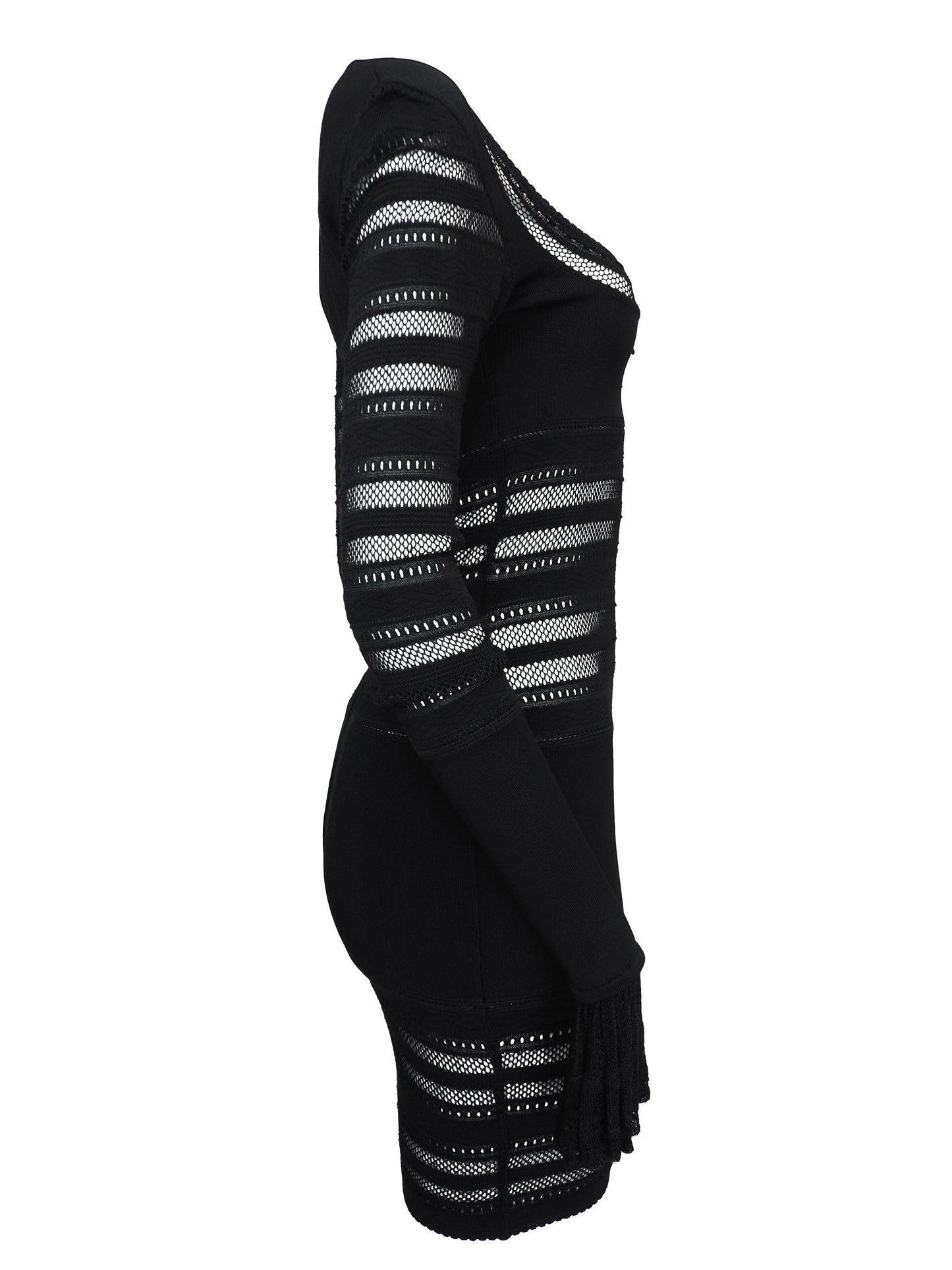 A vintage alaia 1993 black long-sleeve knit mini dress with horizontal openwork stripe patterns across the bodice, sleeves, and hem, featuring a scoop neckline with a front tie detail.