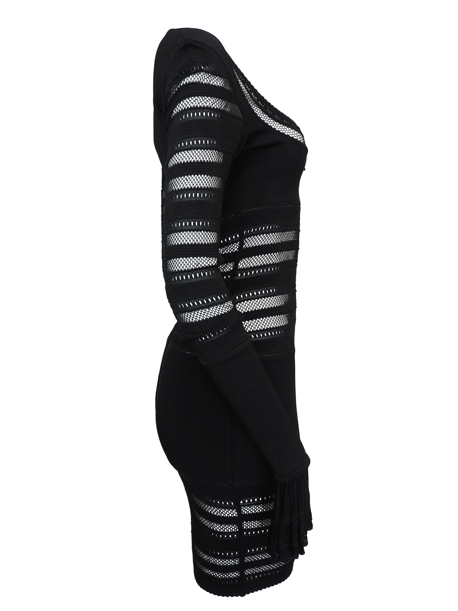 A vintage alaia 1993 black long-sleeve knit mini dress with horizontal openwork stripe patterns across the bodice, sleeves, and hem, featuring a scoop neckline with a front tie detail.