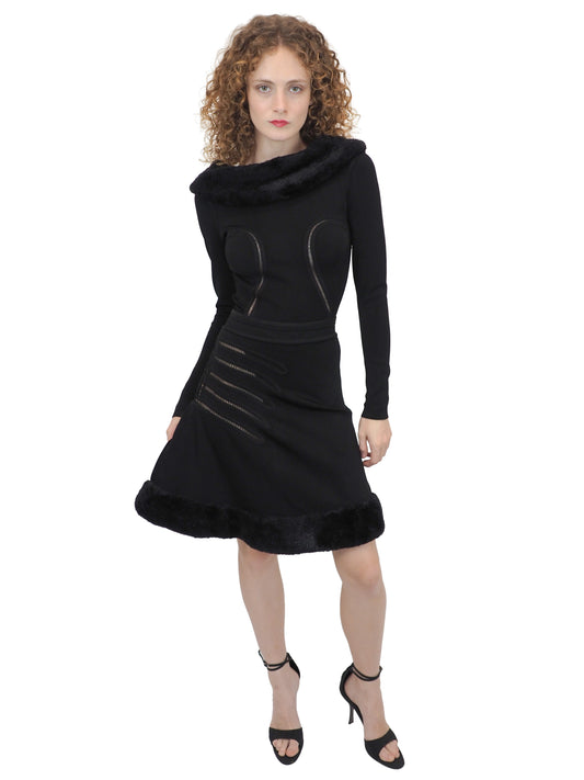 A vintage 1991 alaia black long-sleeve top and skirt set with a fuzzy collar and hem, featuring cut out seam curved trim details on the bodice and skirt