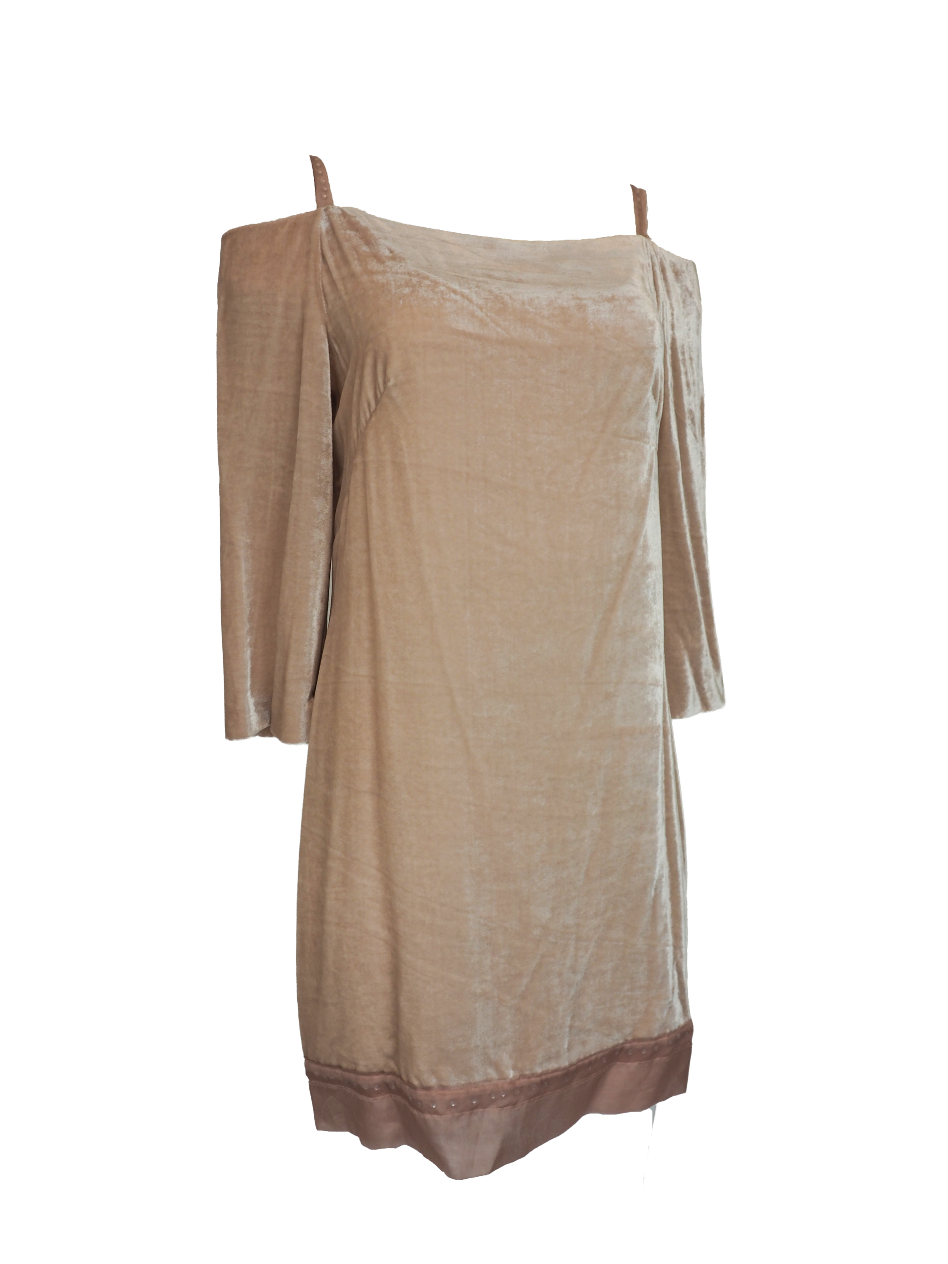 Alberta Ferreti light beige pink velvet cold-shoulder dress with three-quarter sleeves and a matching beige lace hem, shown against a plain white background.