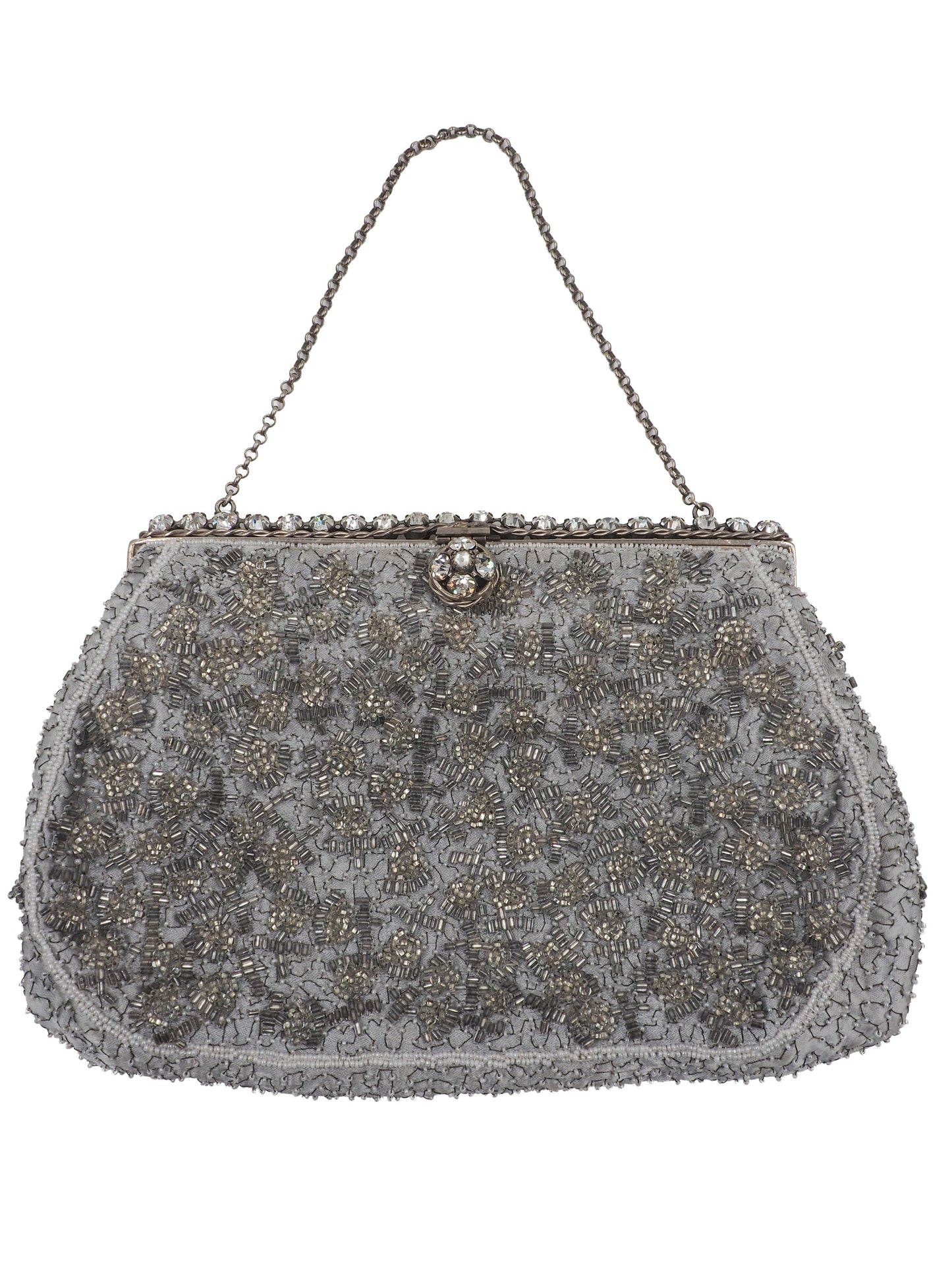 A vintage Elizabeth Arden silver-gray beaded evening clutch bag with a chain strap and a decorative crystal-embellished clasp
