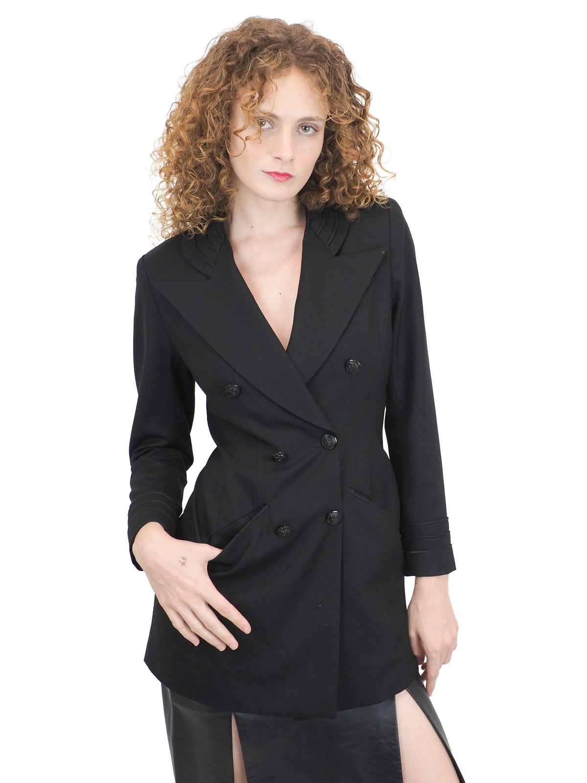 A vintage Richard Tyler black double-breasted blazer with a wrap-style front and notched lapels